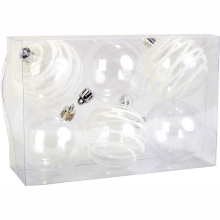 Komplet 6 Przeźroczystych Bombek Plastikowych z Dekorem, Kolor Biały, 6 cm