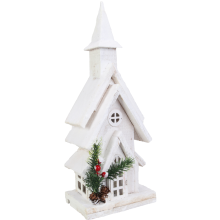 Podświetlana Dekoracja Świąteczna - Ośnieżony Kościółek z LED, Wymiary 38 cm, Kolor Biały, Zasilanie Bateryjne