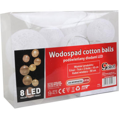 Podświetlany Wodospad Bawełnianych Kulek z 8 LED Białe Światło - Zasilanie Bateryjne