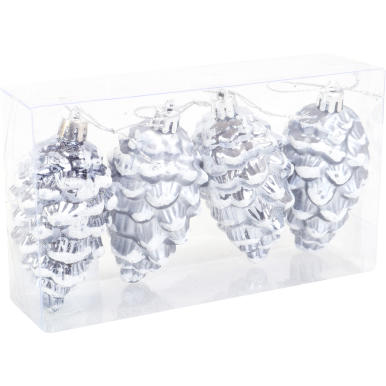 Zestaw 4 Dekoracyjnych Szyszek-Bombek Srebrnych 9CM - Ośnieżone i Błyszczące