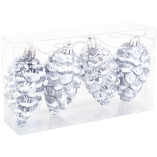 Zestaw 4 Dekoracyjnych Szyszek-Bombek Srebrnych 9CM - Ośnieżone i Błyszczące