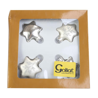 Zestaw 4 Srebrnych Bombek Szklanych w Kształcie Gwiazdek - 2 Matowe, 2 Broszowane Brokatem, 5 cm