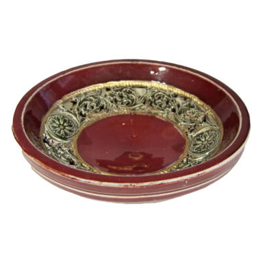 Okrągły Talerz Bordowy z Ażurowym Dekorem Zielonym 30 cm