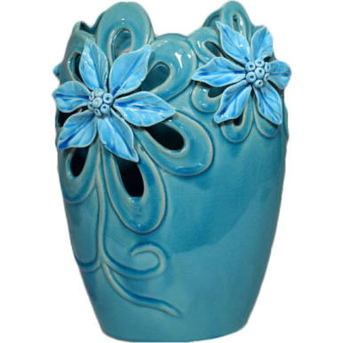 Wazon Turkusowy z Motywem Kwiatowym o Antycznym Wykończeniu 32 cm