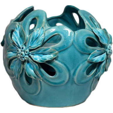 Wazon Turkusowy z Motywem Kwiatowym i Delikatnymi Pęknięciami 20,5 cm