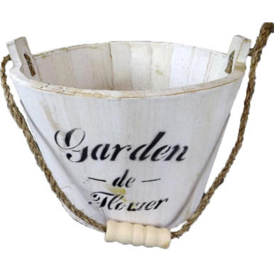 Duże drewniane wiaderko białe z czarnym nadrukiem i uchwytem ze sznurka 15x20 cm