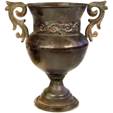 Brązowa Amfora Dekoracyjna z Metaloplastyki o Wymiarach 32x28 cm z Uszami i Kutym Wzorem