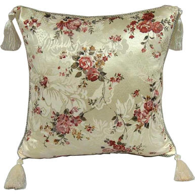 Poszewka Satynowa z Kwiatowym Wzorem, Obszyta Sznurową i Pomponami, Kremowa