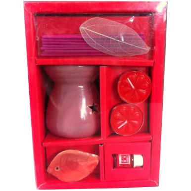 Czerwony Komplet Aromaterapeutyczny z Kadzidełkami i Olejkiem Zapachowym