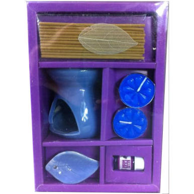 Komplet Aromaterapeutyczny Fioletowy - Ceramiczny Kominek z Kadzidełkami i Olejkiem Zapachowym