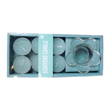 Błękitny Zestaw Tealight: 6 Świec i Szklany Świecznik w Kształcie Kwiatka