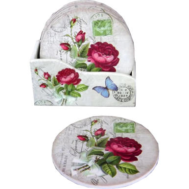 Komplet 6 Drewnianych Podkładek pod Filiżankę z Różowym Motywem o Średnicy 10.5cm