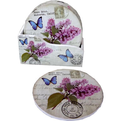 Komplet 6 okrągłych drewnianych podkładek pod filiżankę z bzem