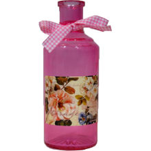 Różowa Szklana Butelka Ozdobiona Kokardą i Naklejką, 19,5 cm