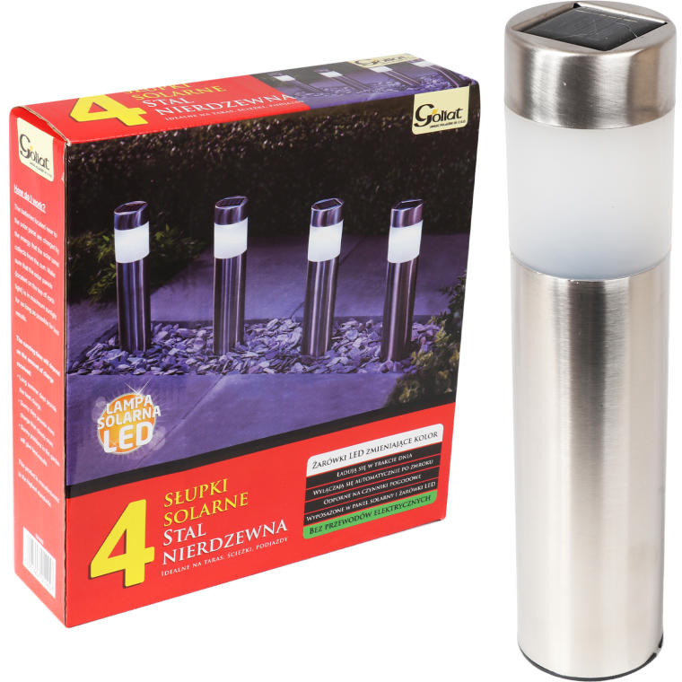 Komplet 4 Stalowych Lamp Solarnych z Automatycznym Włącznikiem i LED