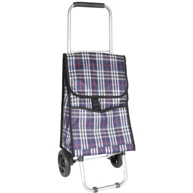 Wysokiej Jakości Wózek na Zakupy z Torbą na Kółkach w Kolorze Granatowym z Kratką