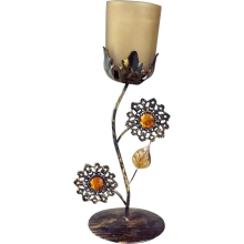 Świecznik metalowy ze szkiełkami w kolorze brązowym 24x10 cm
