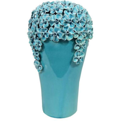 Niebieski Wazon z Ceramicznymi Kwiatami i Celowymi Spękaniem 33cm