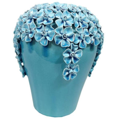 Niebieski Wazon z Miniaturowymi Kwiatami i Celowym Spękaniami, 23 cm