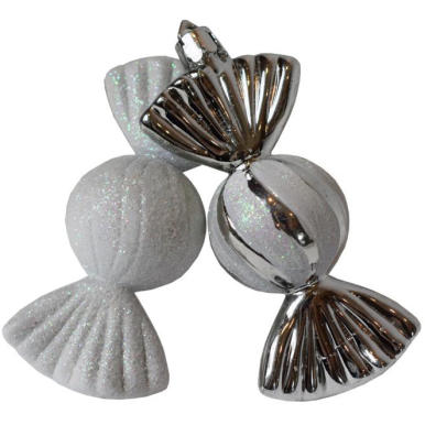 Zestaw 6 Srebrnych Bombek w Kształcie Cukierk&oacute;w z Brokatem